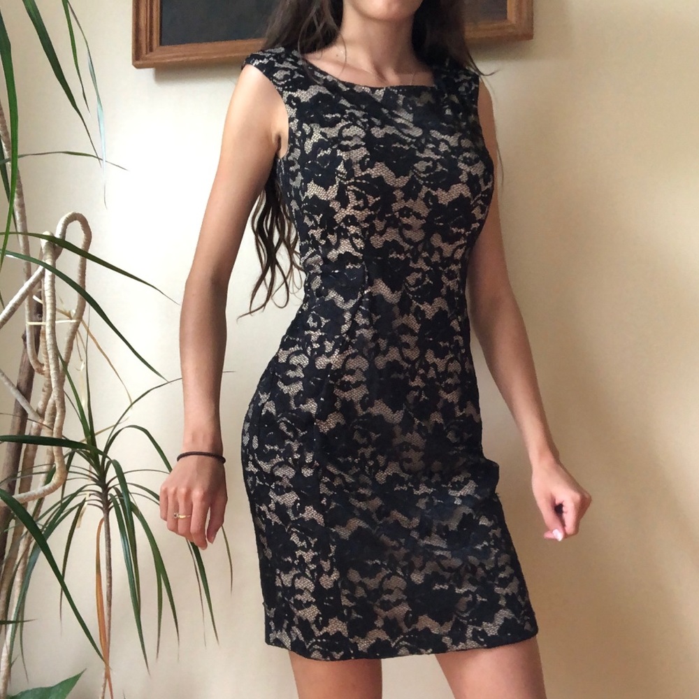 A.B.S. Collection Black Lace Beige Lined Dress XS - Picture 1 of 5